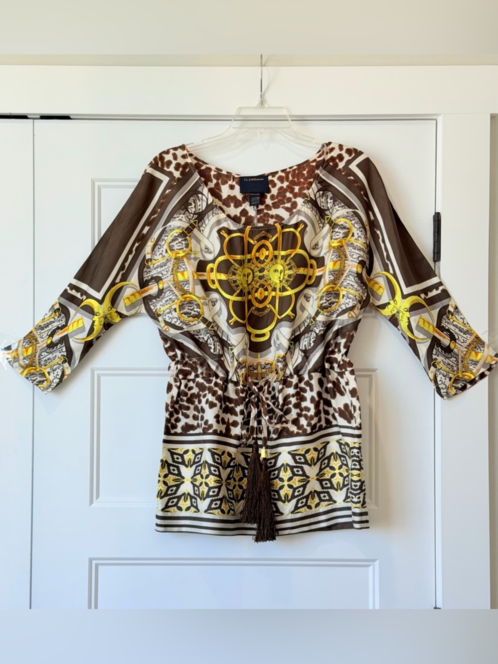 Class Roberto Cavalli Brown & Yellow Printed Tie-Waist Blouse